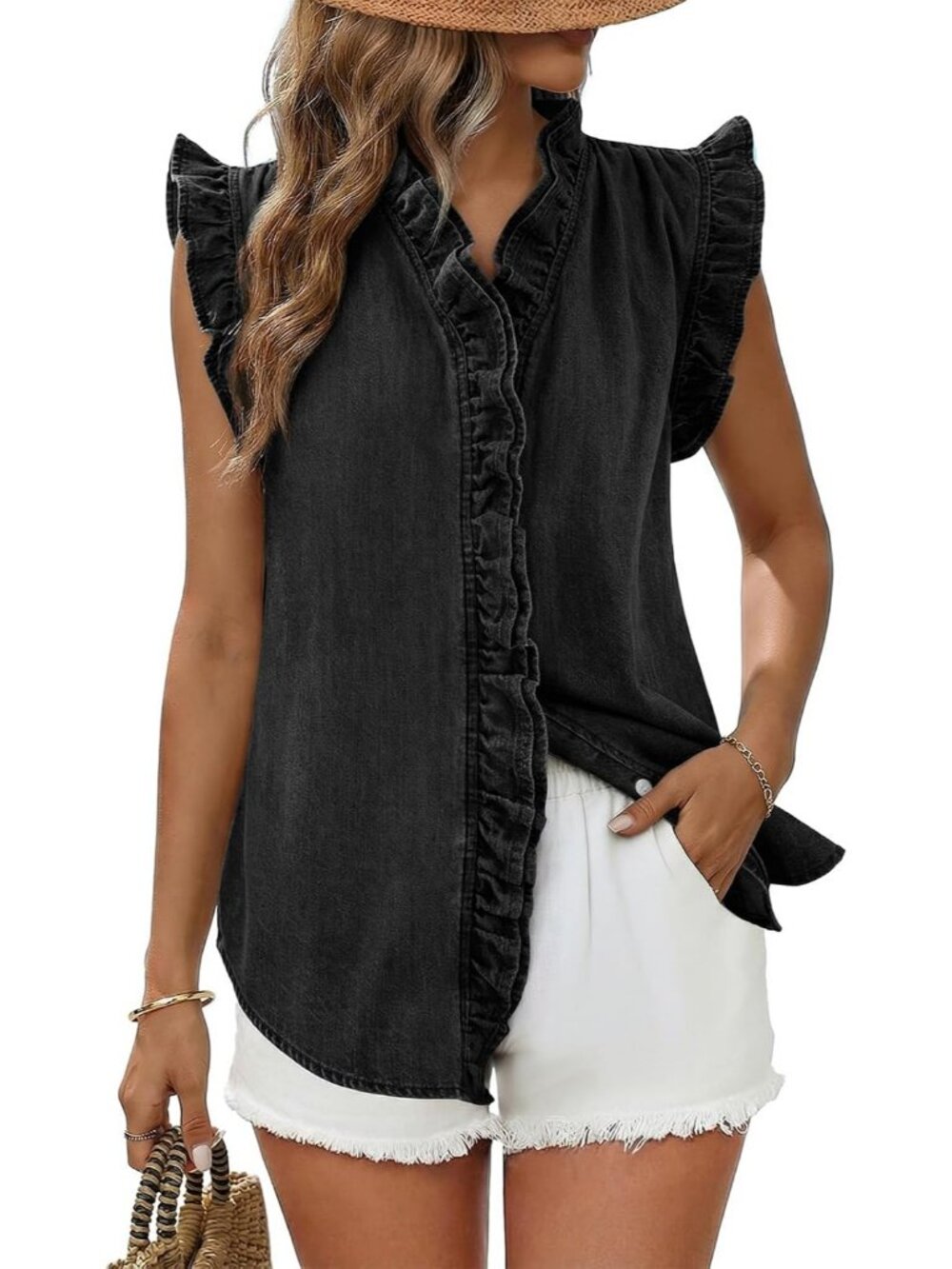 Women's Black Sleeveless Tops Button Up Peplum V Neck Jean Western Denim Vest